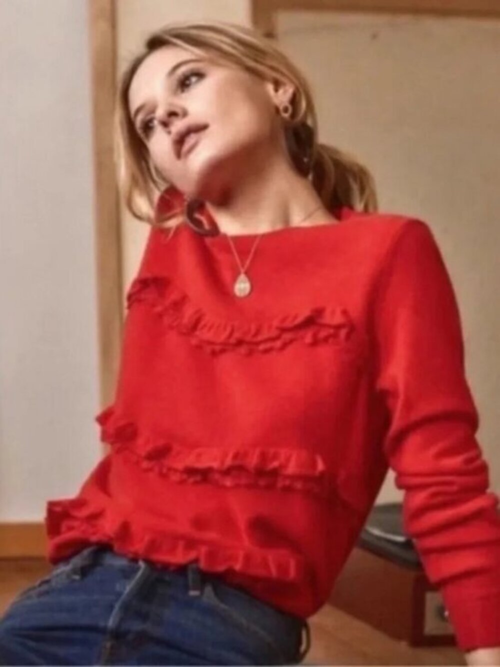 *EUC Sezane Andreas Wool Cashmere Ruffle Sweater Tomato Red Small